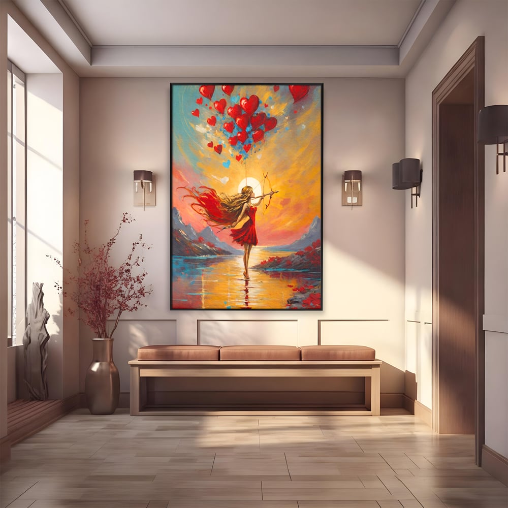 Tablou canvas cu pictura cu femeie armata cu arc si inimi, in rama de aluminiu negru